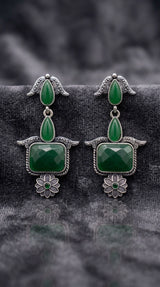 Green Oxidised Silver Teardrop & Rectangle Drop Earrings with Stone Finish for Traditional Ethnic Wear