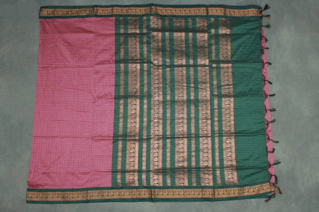 Onion Pink Cotton Kalyani Saree with Zari Checked Border and Zari Peacock Border, Blouse Included