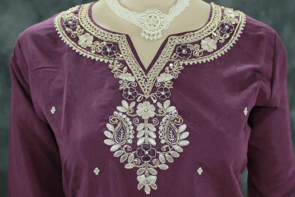 Dark Purple Roman Silk Kurti Palazzo Set with Banarasi Dupatta, Embroidered Beads & Handwork Neck Design