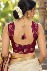Purple Readymade Designer Padded Blouse with Floral Zari Motifs, Sleeveless, Back Knot, Fully Stitched