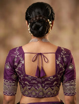 Purple Readymade Designer Padded Blouse with Embroidery & Sequence Work, Elbow Sleeve, Back Knot Stitching