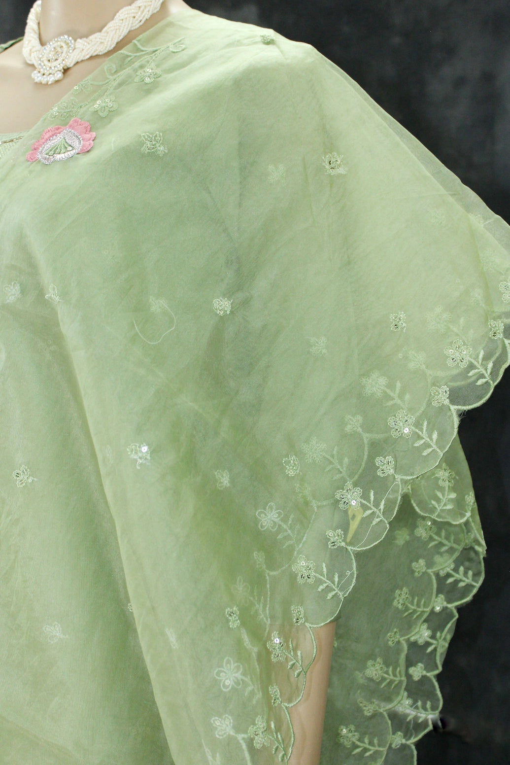 Light Green Roman Silk Kurti Pant Set with Embroidered Handwork Chinon Dupatta for Women