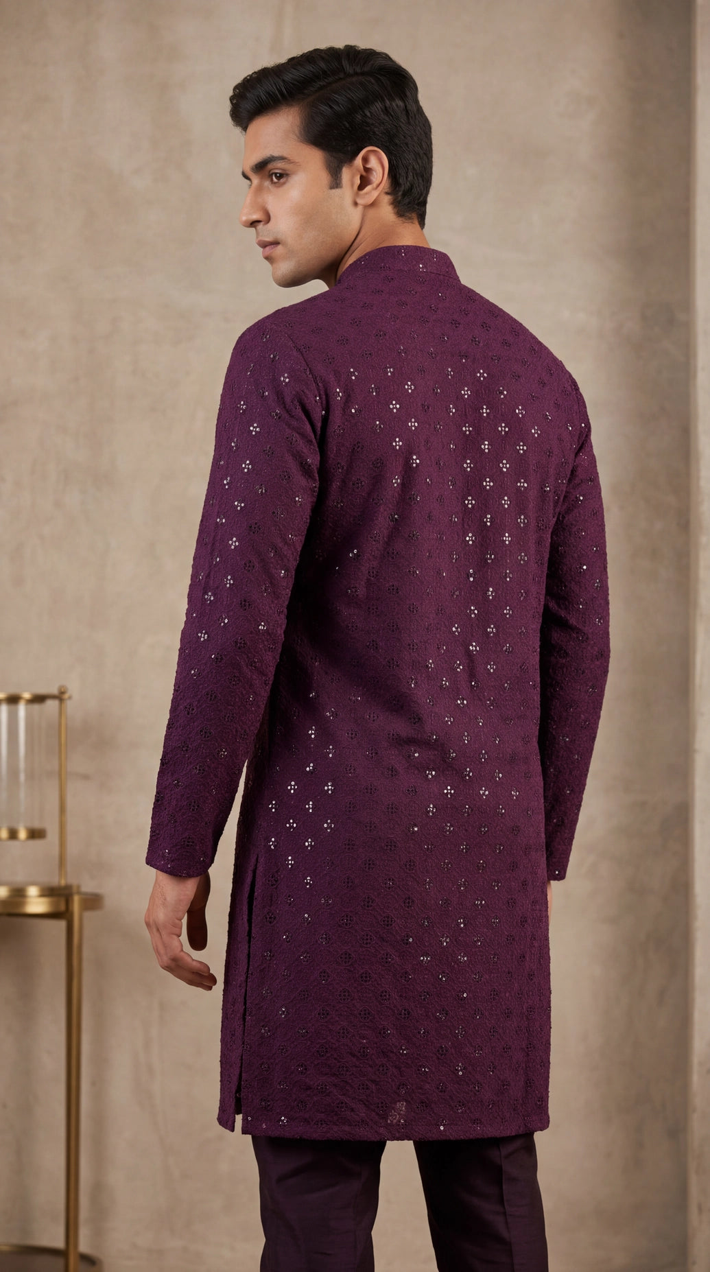 Men’s Purple Lakhnavi Kurta with Sequin Work and Band Collar for Festive Wear