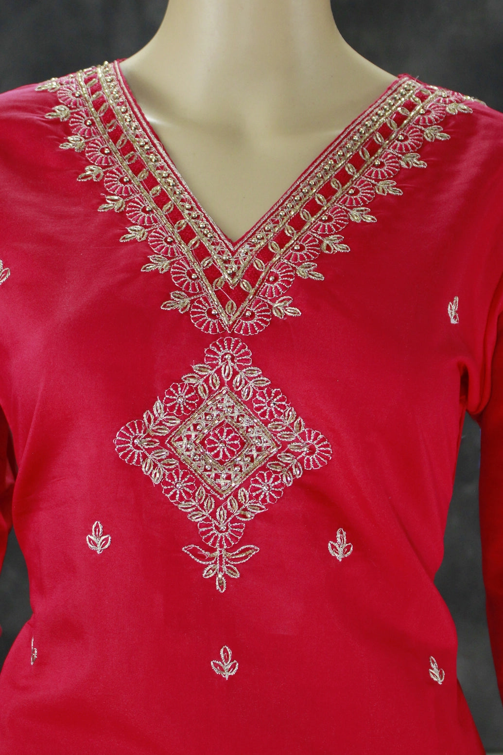 Roman Silk Rani Pink Three-Piece Kurti Set with Banarasi Dupatta