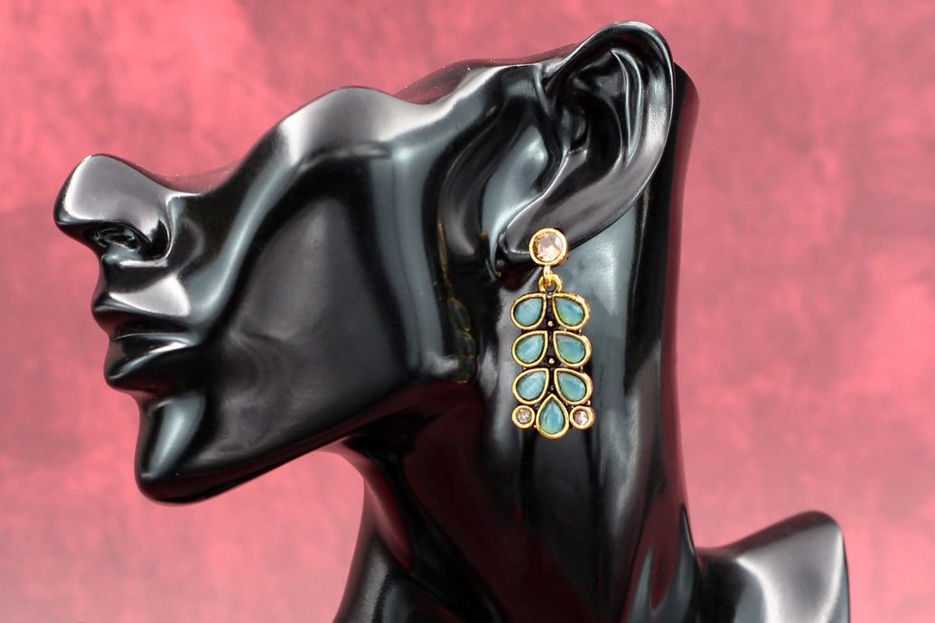 Gold-Tone Antique Leaf Drop Earrings with Sea Blue Teardrop Stones Jewelry JCS Fashions