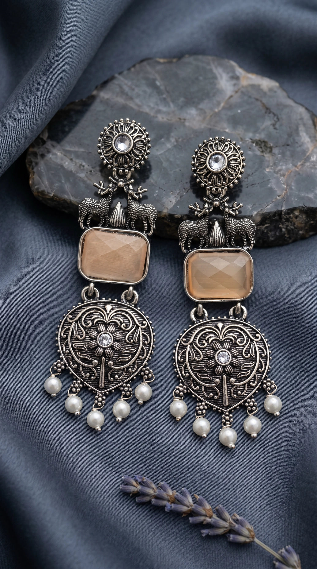 Cream Stone & Silver-Tone Textured Triangular Drop Earrings with Pearl Beads for Festive Party Wear