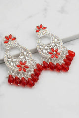 Red Floral Silver-Tone Stone Hoop Earrings with Crescent Center and Bead Danglers for Women