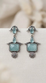 Sea Blue Oxidised Silver Drop Earrings with Teardrop and Rectangular Stone for Traditional Wear