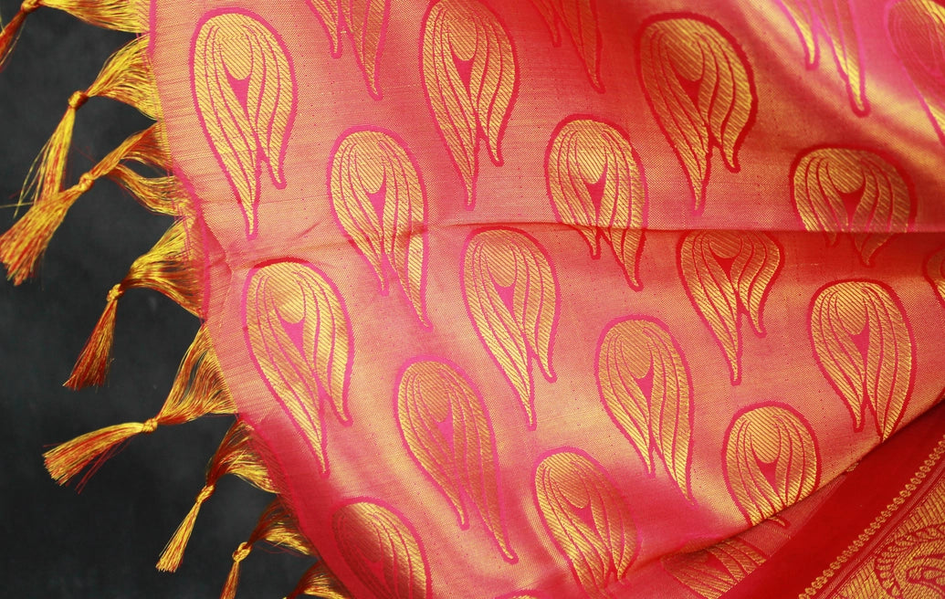 Pink Zari Pattu Shawl with Decorative Border, 70 inch Traditional Ponnadai for Arangetram and Events