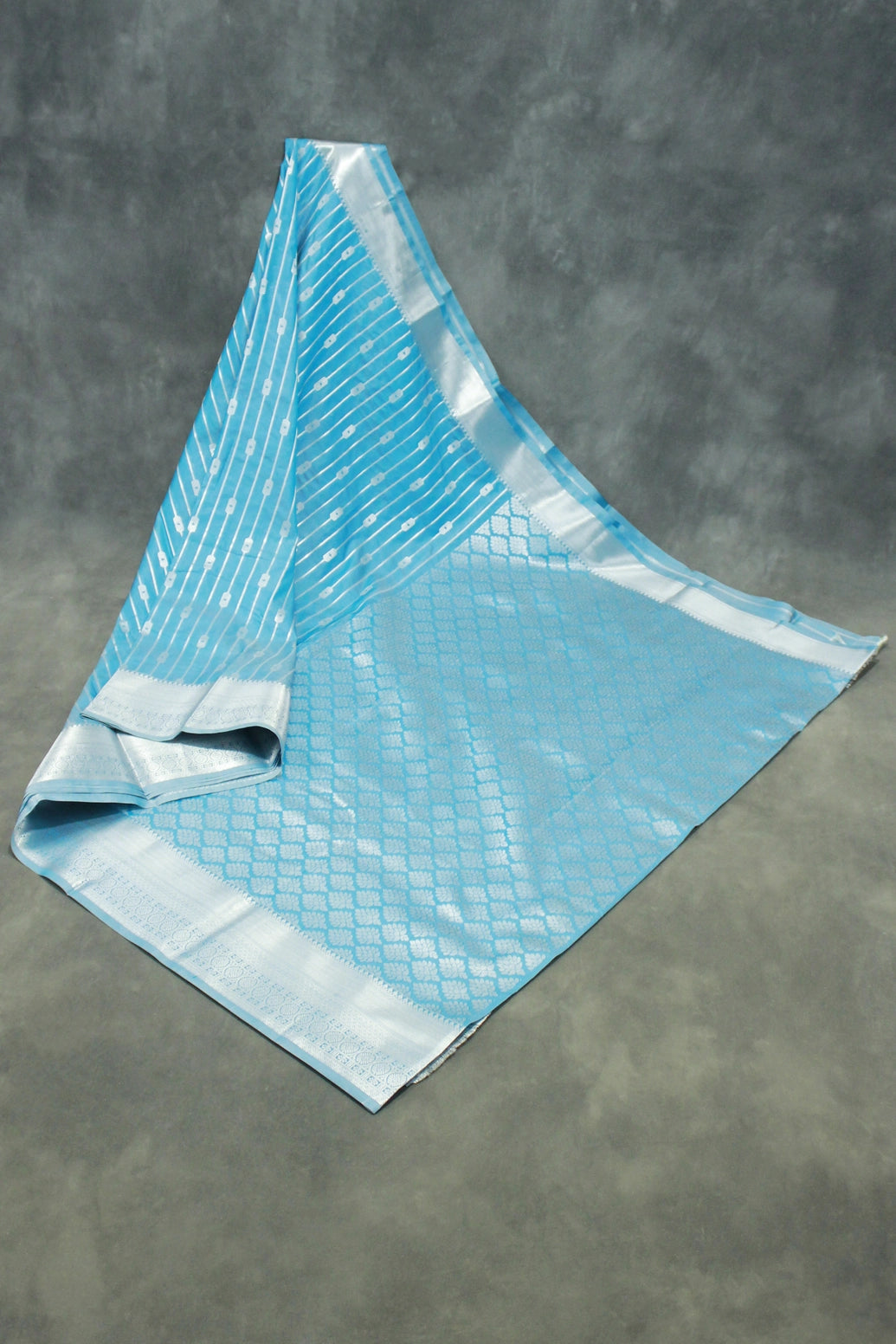 Blue Soft Silk Bridal Vaira Oosi Saree with Silver Zari Border and Blouse