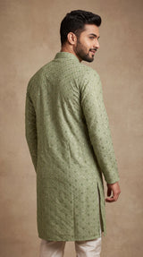 Men’s Sage Green Lakhnavi Kurta with All-Over Motifs and Sequins Look