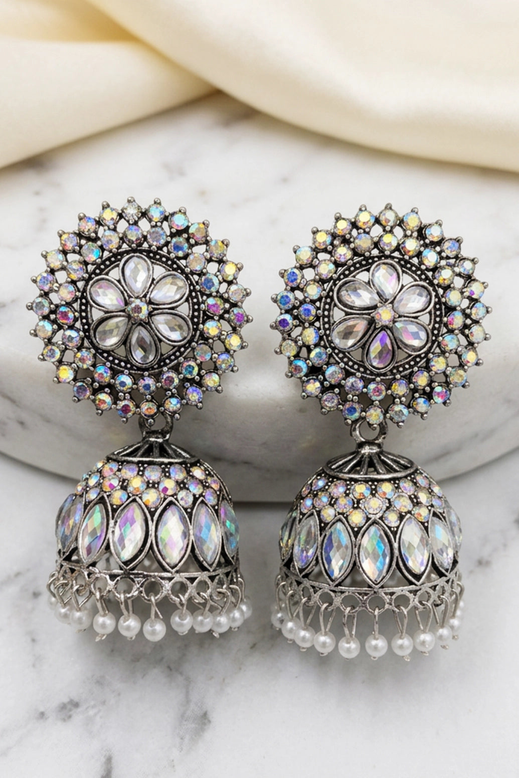 Oxidized Silver-Tone Jhumka Earrings with Multicolor Stone Work and White Pearl Drops