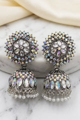 Oxidized Silver-Tone Jhumka Earrings with Multicolor Stone Work and White Pearl Drops