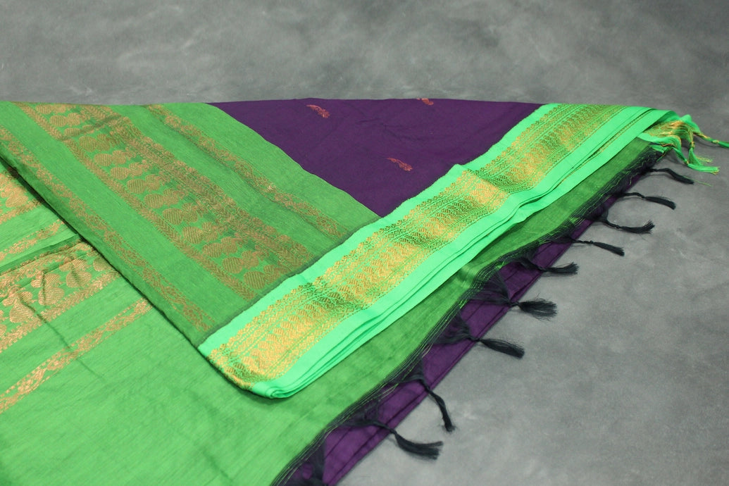 Traditional Kalyani Cotton Saree with Zari Border and Putta Motifs - Deep Violet & Green Saree JCS Fashions