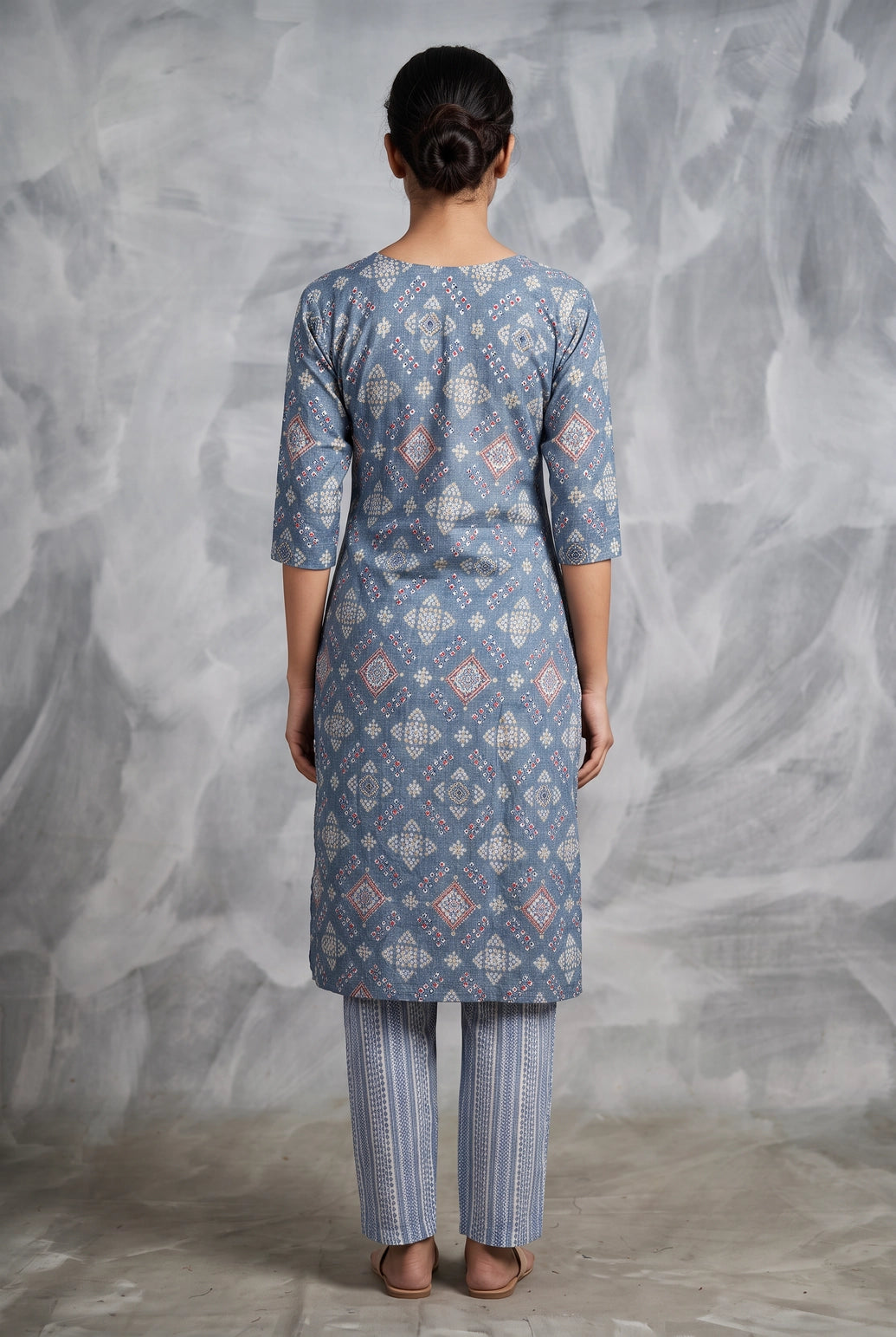 Slate Blue Rayon 2-Piece Kurti with Elastic Pant, Geometric All-Over Print, Round Neck & 3/4 Sleeves