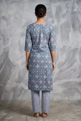 Slate Blue Rayon 2-Piece Kurti with Elastic Pant, Geometric All-Over Print, Round Neck & 3/4 Sleeves