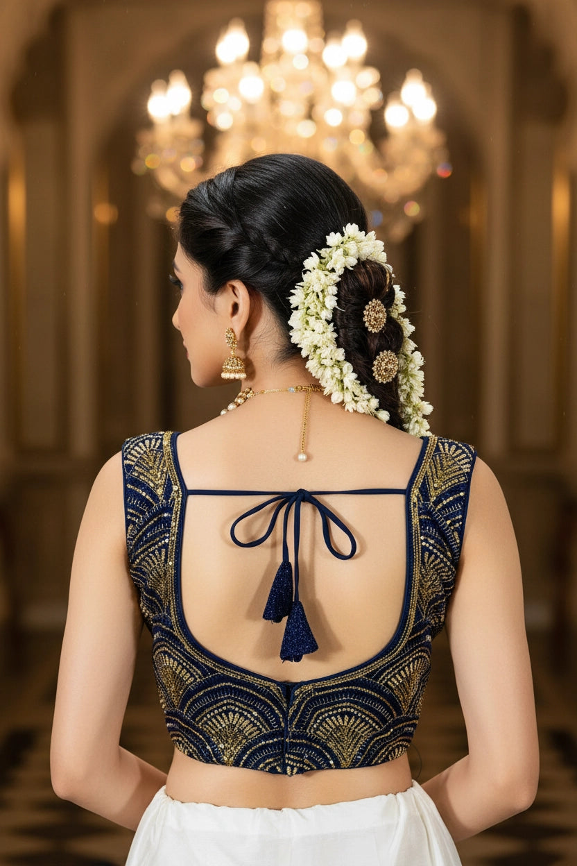 Navy Blue Zari Embroidered Padded Readymade Designer Blouse with Scalloped Pattern and Back Knot