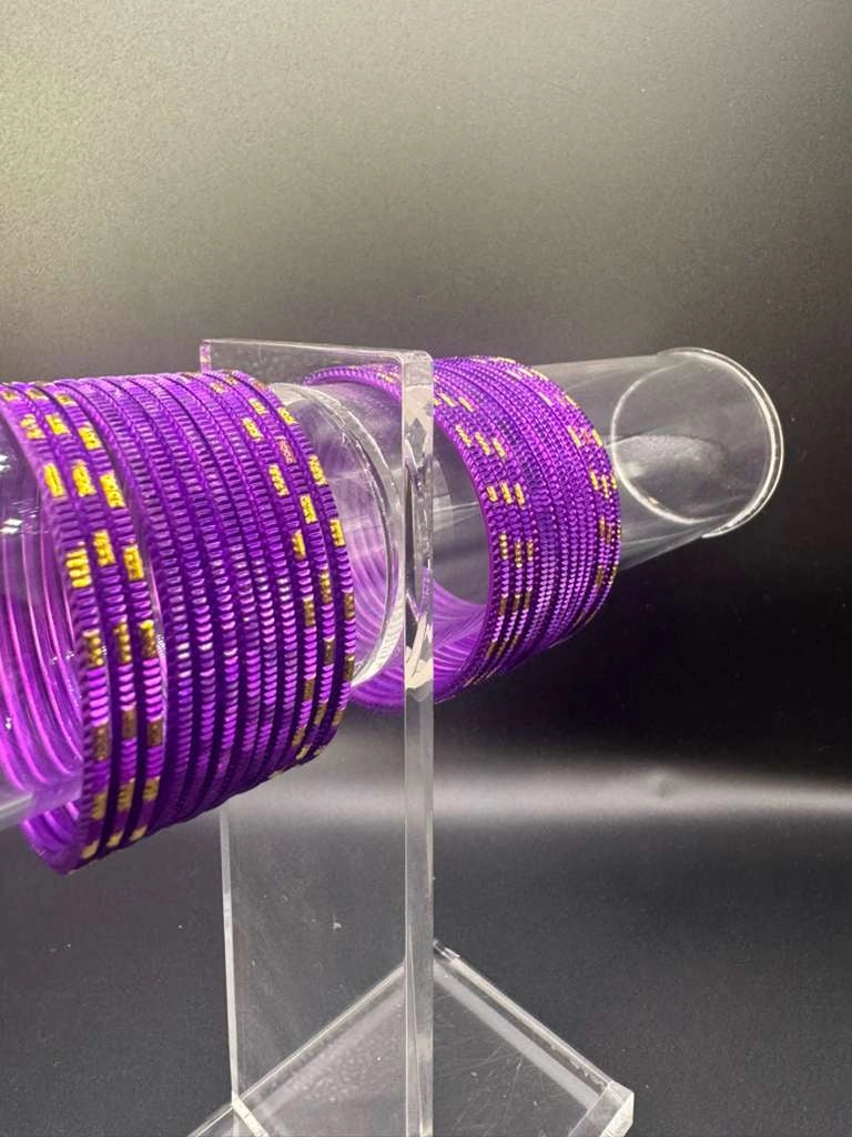 Kids Purple Metal Bangles Set (24 Pcs) with Gold Tone Stripes for Daily Wear and Festive Outfits