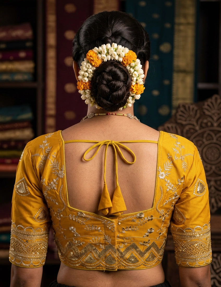 Mustard Readymade Designer Padded Blouse with Embroidery & Sequence Work, Elbow Sleeve, Back Knot