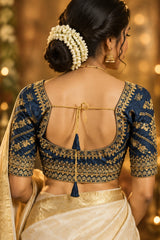 Navy Blue Readymade Designer Padded Blouse with Zari Floral Butta Work, U-Neck, Elbow Sleeves & Back Knot