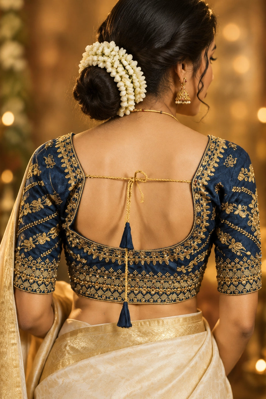 Navy Blue Readymade Designer Padded Blouse with Zari Floral Butta Work, U-Neck, Elbow Sleeves & Back Knot