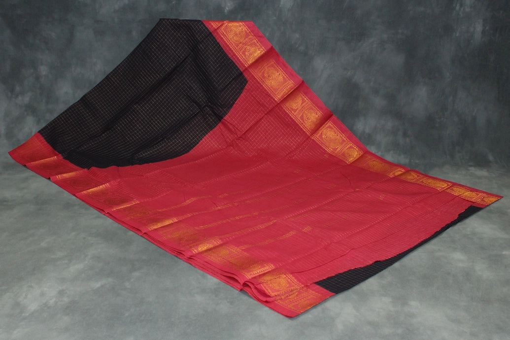 Dark Brown Sungudi Cotton Saree with Red Peacock Gold Zari Double Border, Checked Design Saree JCS Fashions