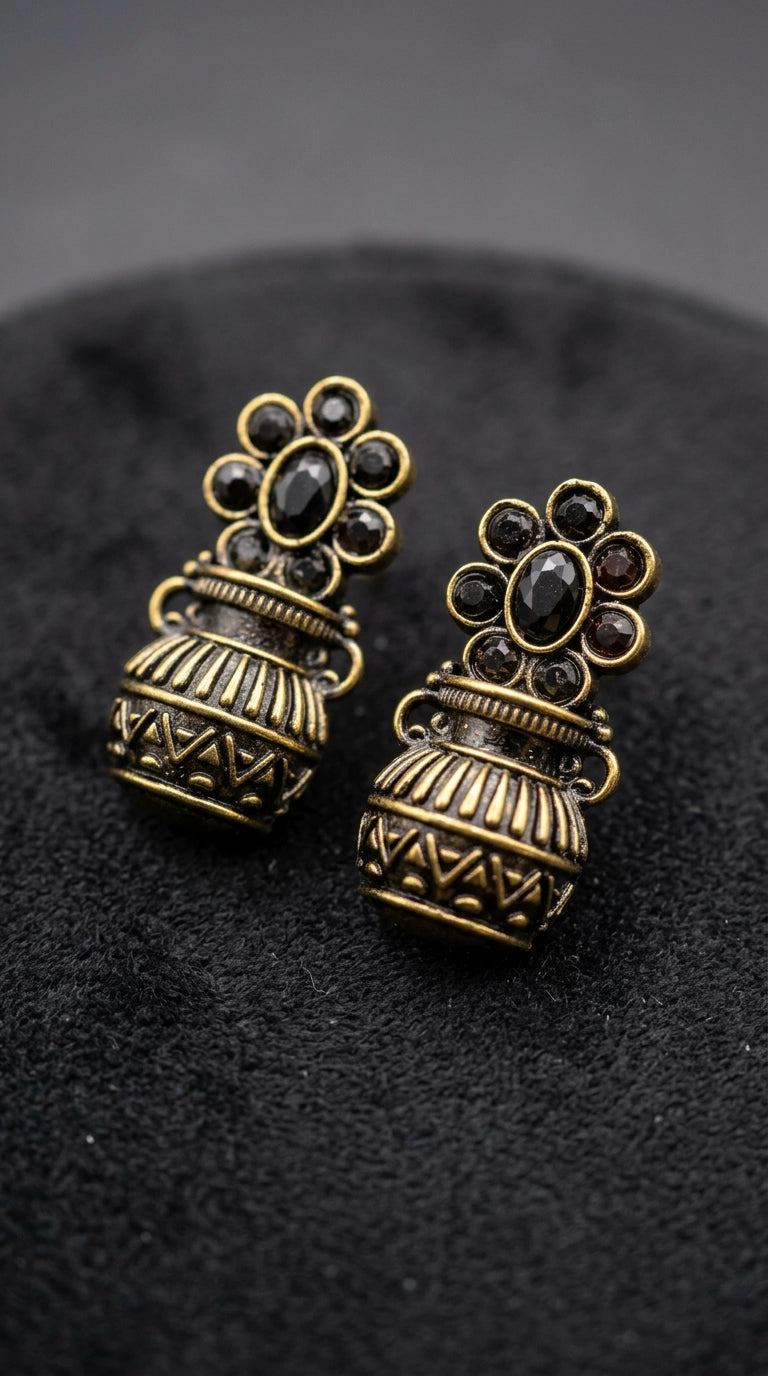 Black Stone Antique Gold-Tone Jhumka Earrings with Floral Stud Design for Ethnic Wear