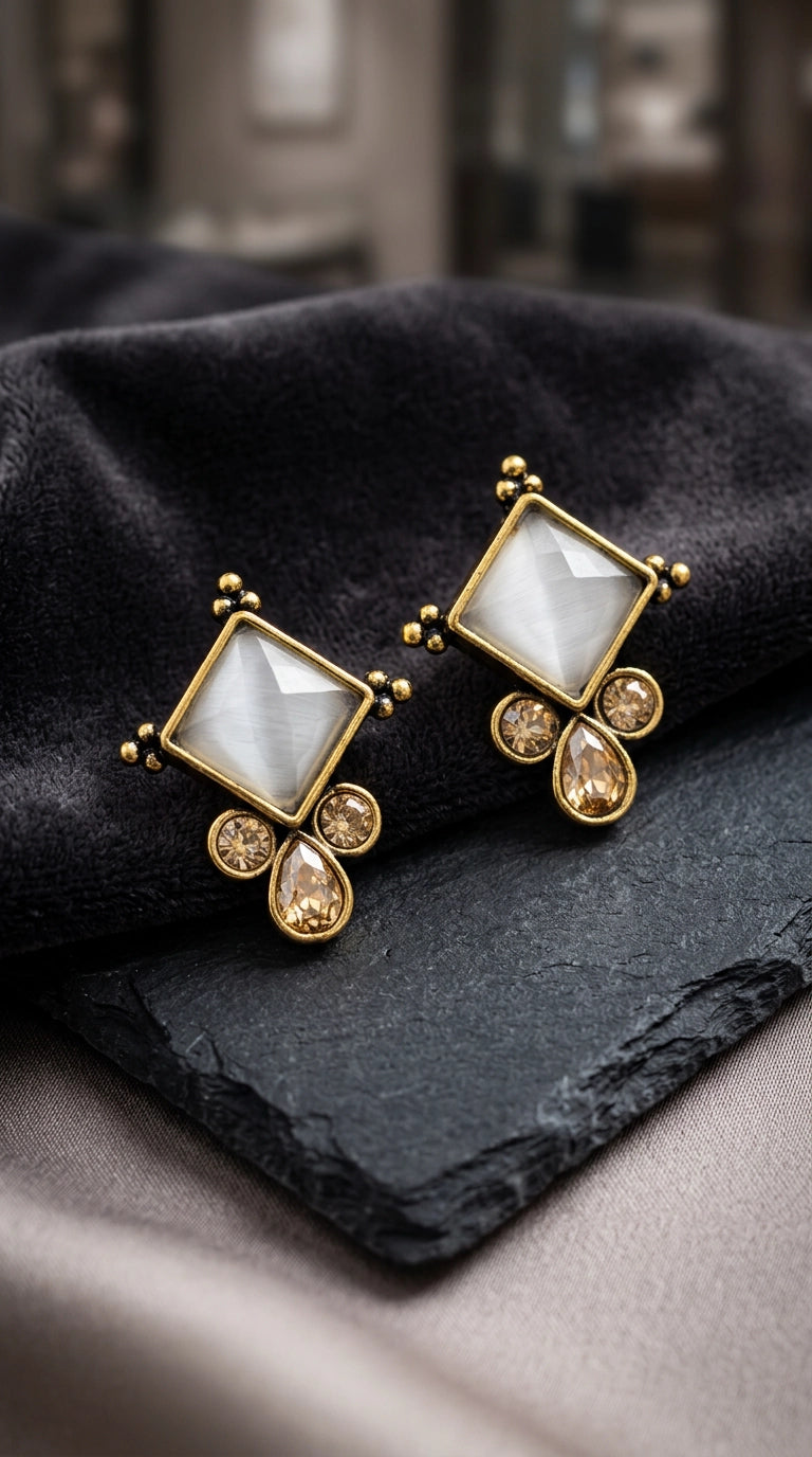 Grey Square Stone Teardrop Crystal Stud Earrings in Gold-Tone Frame for Women