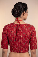 Red Floral Print Cotton Padded Blouse with Leaf Motifs, Elbow Sleeves & Back Knot, Ready to Wear