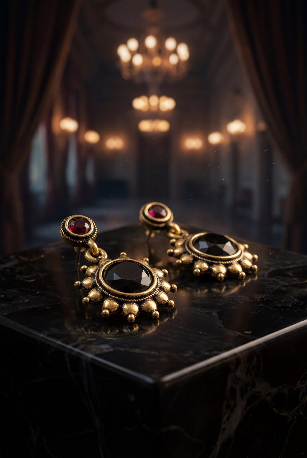 Black Gold-Tone Antique Style Drop Earrings with Sunflower Detail & Bead Accents for Traditional Festive Wear