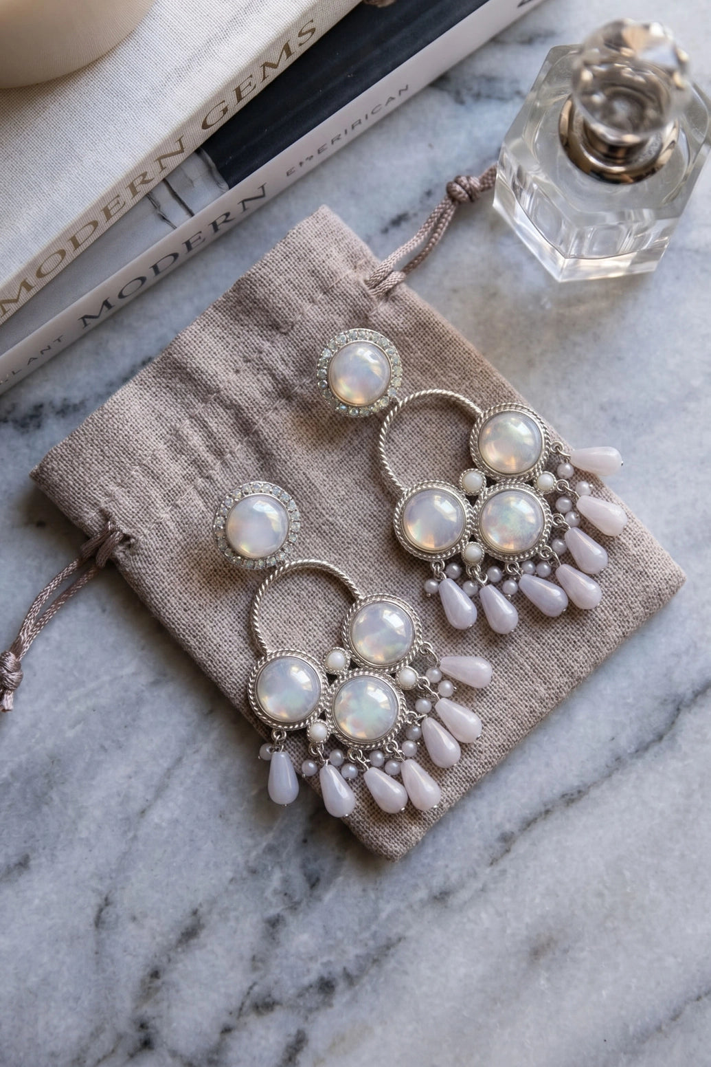 White Pearl & Iridescent Stone Drop Earrings with Stud Top, Teardrop Beads and Pearl Accents