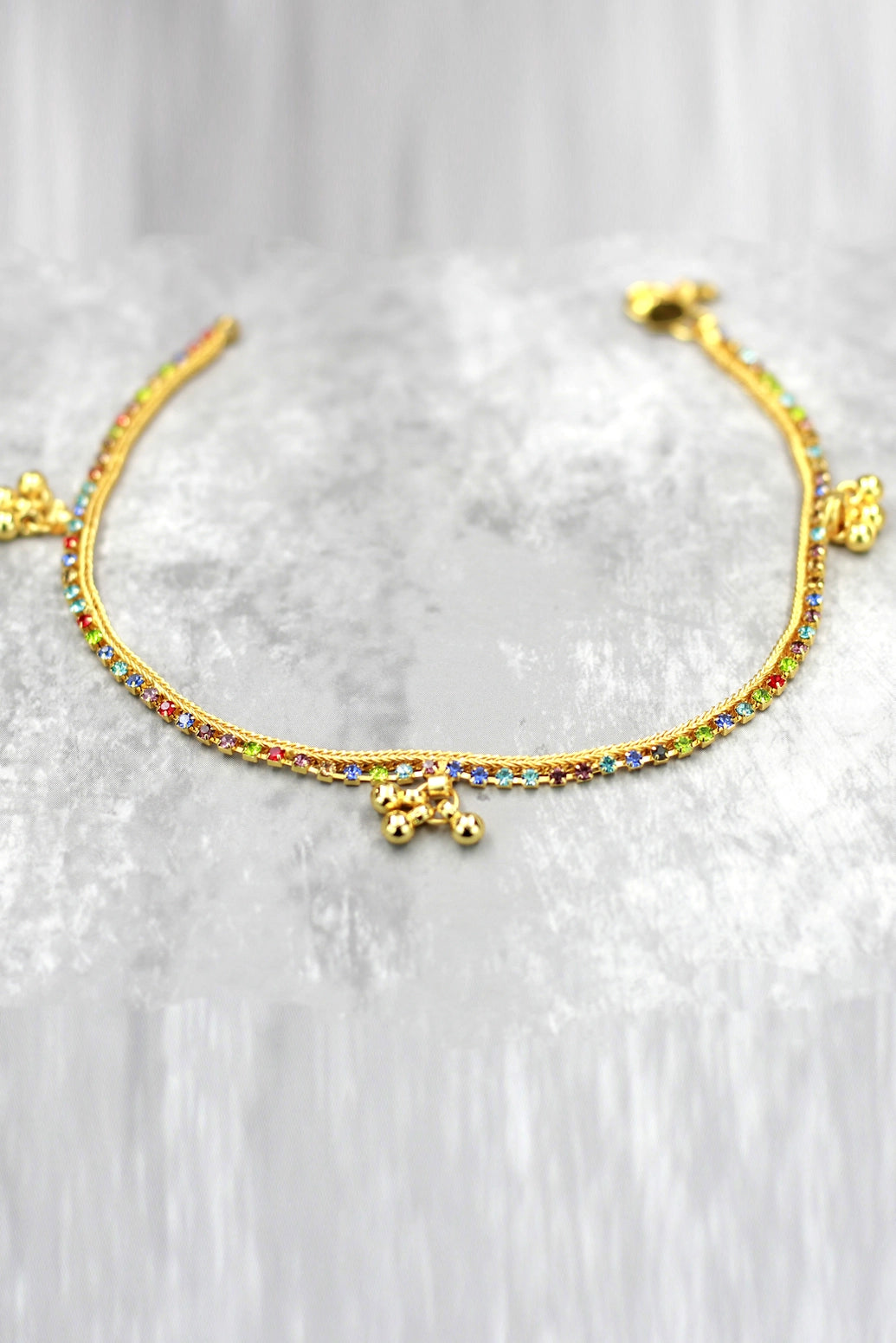 Gold-Tone Traditional South Indian Anklet with Multi-Color Stones and Jhumka Motifs for Women
