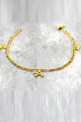 Gold-Tone Traditional South Indian Anklet with Multi-Color Stones and Jhumka Motifs for Women
