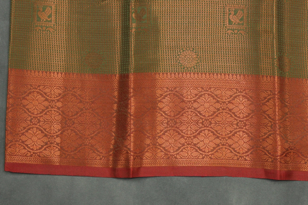 Bridal Kubera Pattu Saree with Full Zari Work and Rich Border - Olive Green Cotton