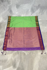 Green Korvai Soft Silk Border Saree with Delicate Gold Zari Buttas and Traditional Floral Border