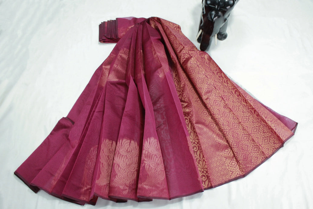 Maroon Silk Cotton Saree with Zari Border, Borderless Design, Comes with Blouse