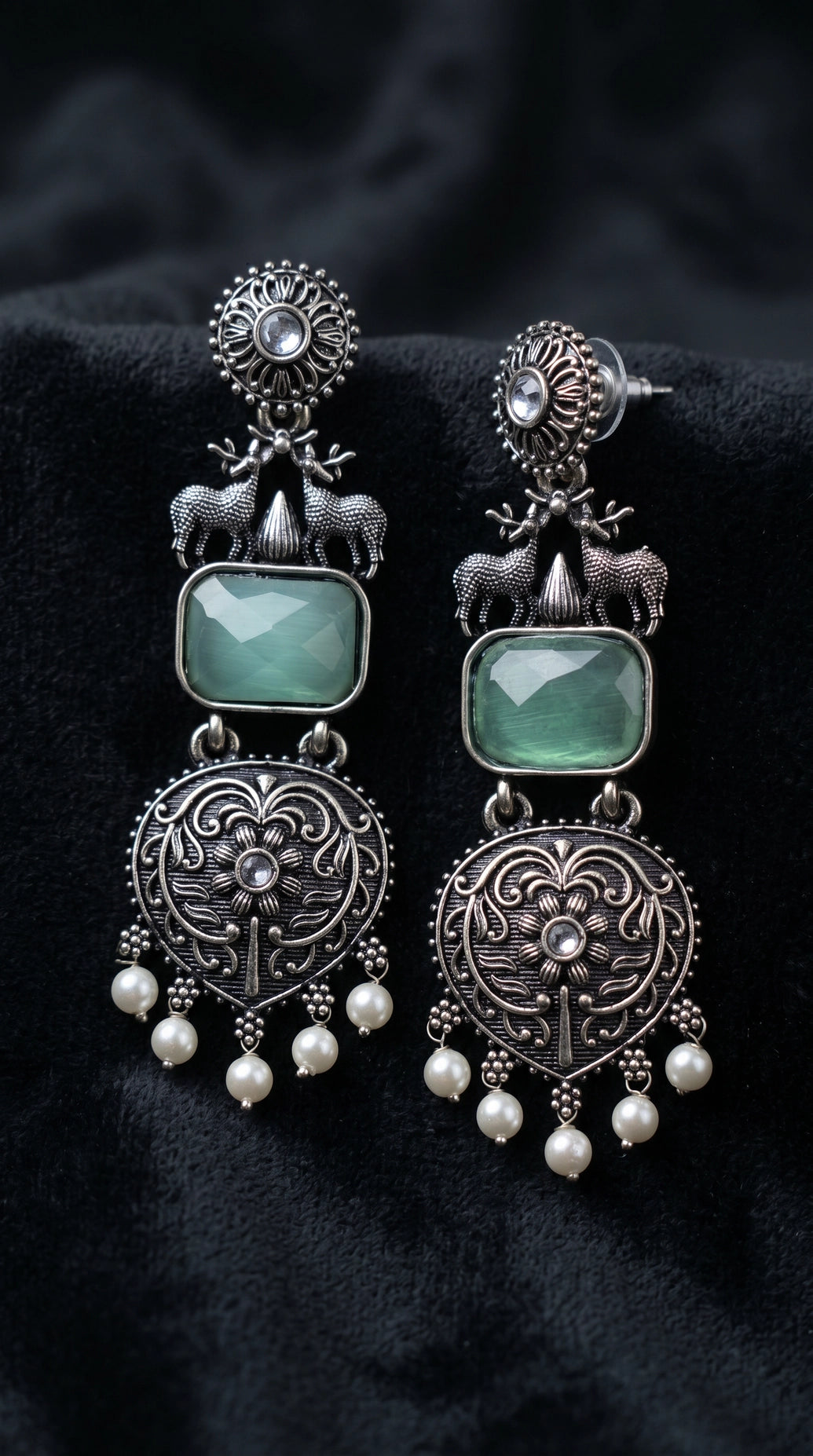 Mint Green Stone Silver-Tone Dangle Earrings with Pearl Drops for Party & Festive Wear