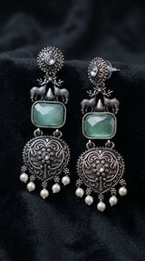 Mint Green Stone Silver-Tone Dangle Earrings with Pearl Drops for Party & Festive Wear