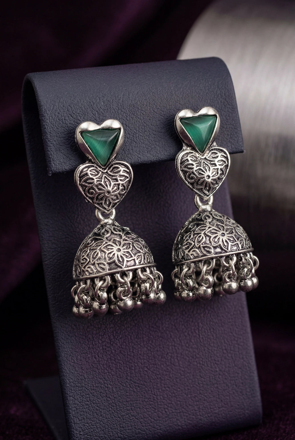 Heart Top Oxidized Silver-Tone Jhumka Earrings with Triangular Stone Accent and Ghungroo Drops