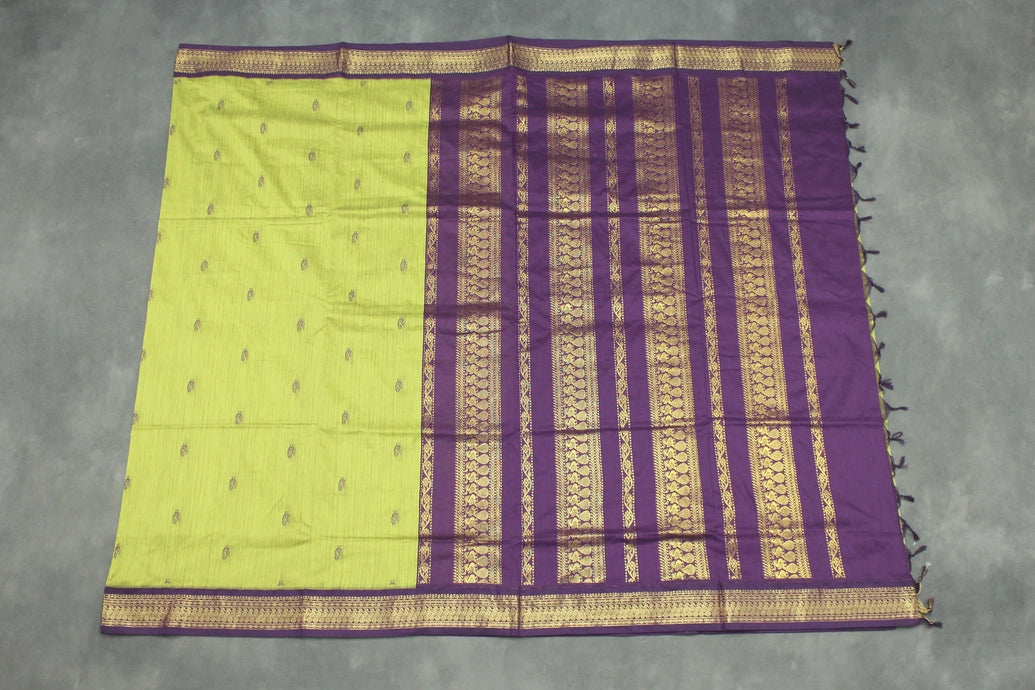 Kalyani Cotton Saree - Green Body with Purple Zari Border and Putta Motifs Saree JCS Fashions