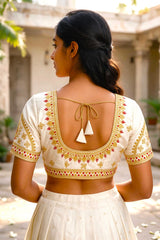 White Ready to Wear Padded Designer Blouse with Zari Floral & Paisley Work, U-Shape Neck, Elbow Sleeves