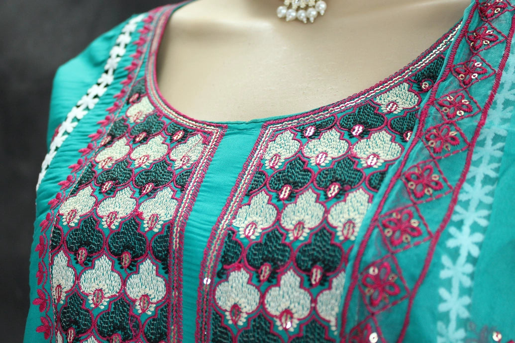 Roman Silk Embroidered 3-Piece Kurti Set with Organza Dupatta in Jungle Green - Traditional Indian Wear Kurti JCS Fashions