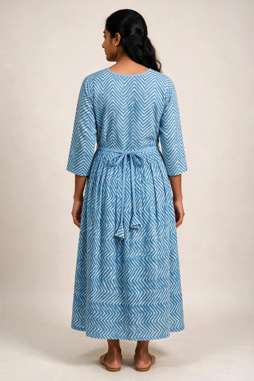 Women’s Navy Blue Cotton Anarkali Kurti Gown with Dori Tie, Geometric-Floral Print and Silver Sequin Detail