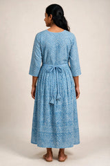 Women’s Navy Blue Cotton Anarkali Kurti Gown with Dori Tie, Geometric-Floral Print and Silver Sequin Detail