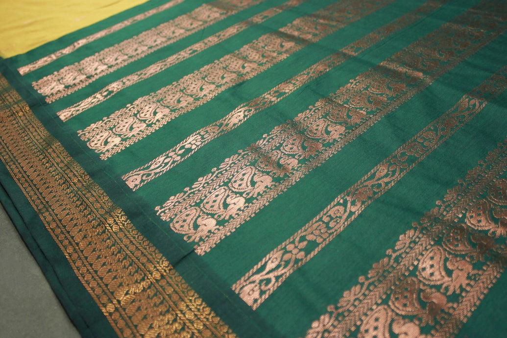 Mustard Kalyani Cotton Saree with Putta Design and Zari Border, Comes with Blouse