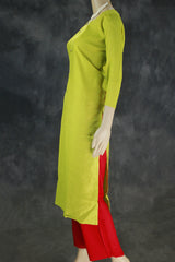 Lime Green Cotton Kurta Set with Red Elastic Pants - 2-Piece Straight Kurti Set