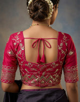 Rani Pink Designer Padded Blouse with Embroidery Sequence Work, Elbow Sleeve and Back Knot, Fully Stitched