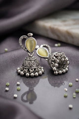 Lemon Yellow Oval Stone Oxidized Silver-Tone Jhumka Earrings with Floral Cutwork and Ghungroo Danglers