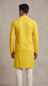 Men Yellow Lakhnavi Kurta with Sequins Look, Traditional Band Collar, Festive Ethnic Wear