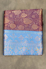 Purple Floral Soft Silk Designer Saree with Contrast Blue Border and Blouse Piece, Elegant Wedding Wear